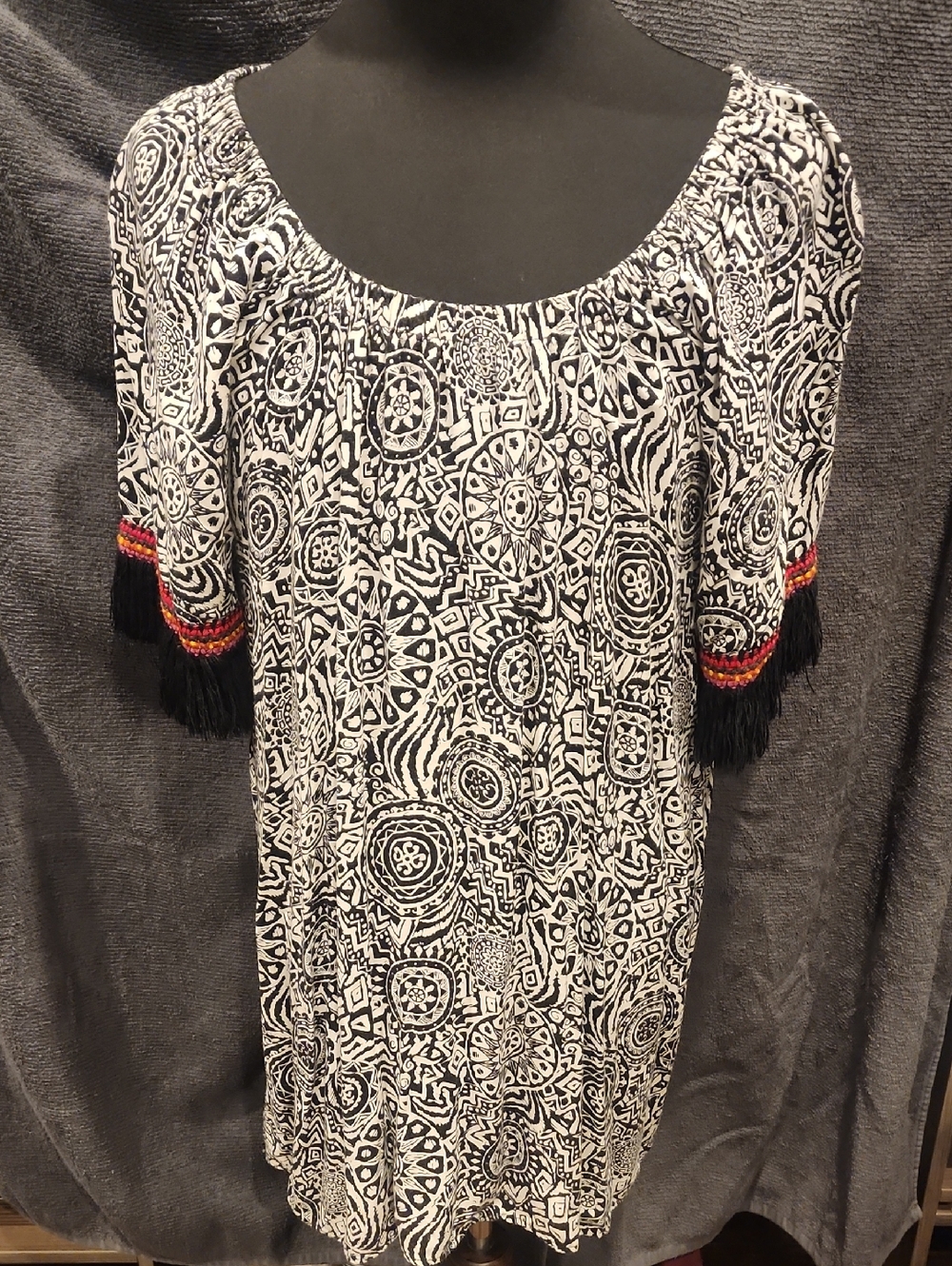 Uncle Frank Black & White Patterned Peasant Tunic with Fringe Sleeve Accents